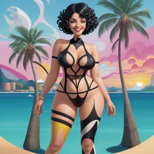 Happy Woman in Sea, Cubist Art Deco Style