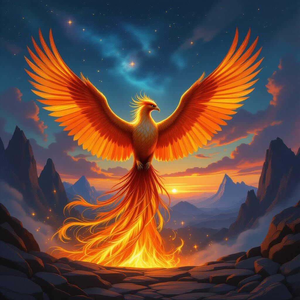 Majestic Phoenix Rises from Glowing Runes in Fantasy Art