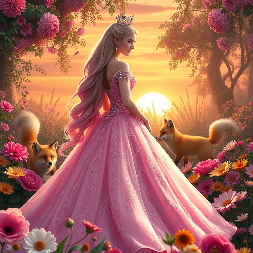 Fanciful Royal Court Amidst Vibrant Floral Tapestry