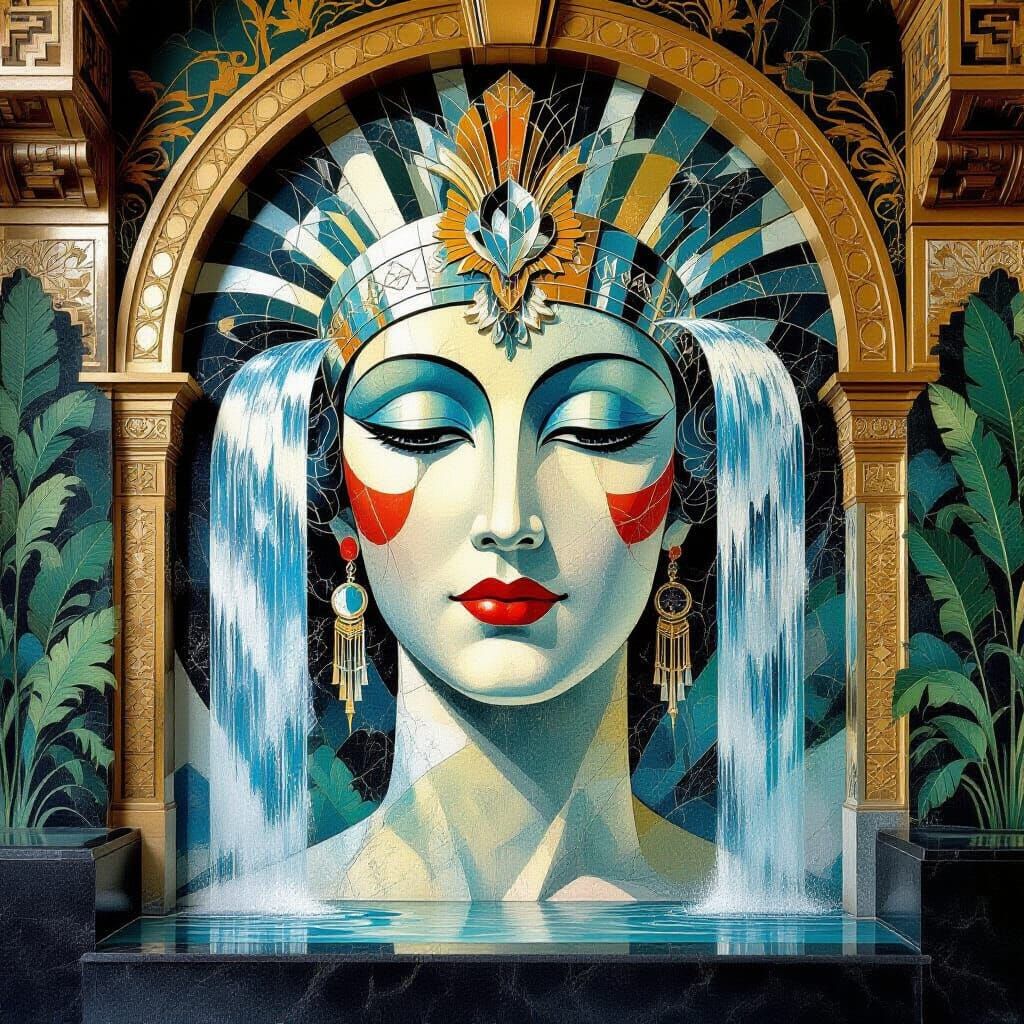 Art Deco Palace Mural with Silver Waterfalls