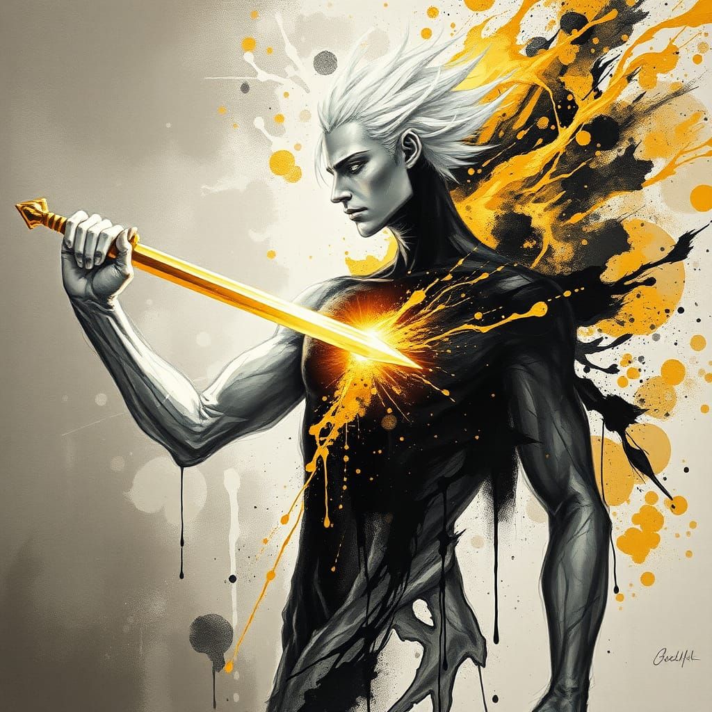 Heroic Figure Pierces Dark Spirit with Golden Light