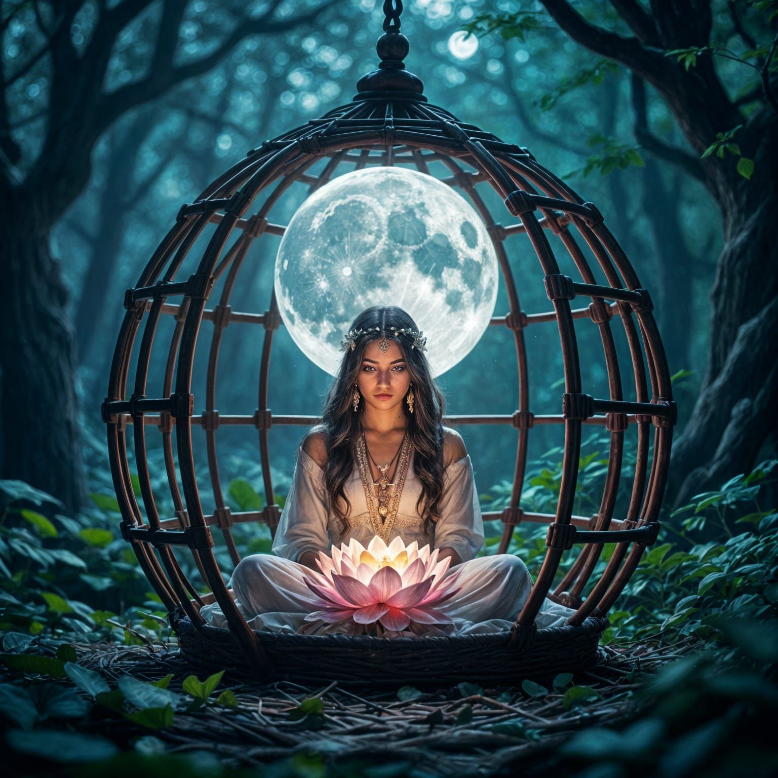 Moonlit Forest Sacred Tree Within Woven Cage