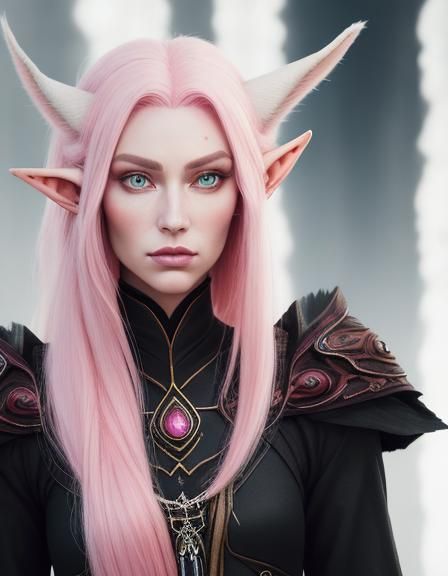 Hyperrealistic Portrait of Pink-Haired Elf Woman