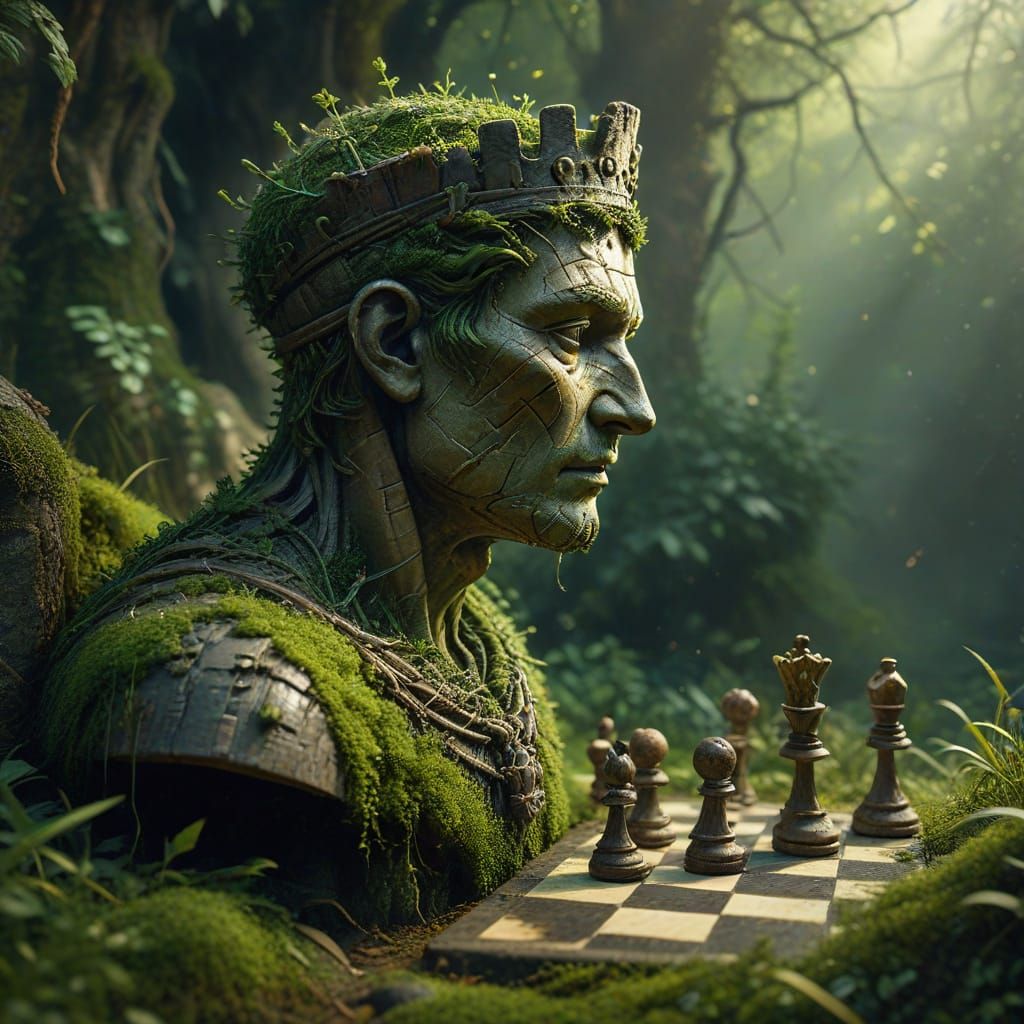 Ancient Chess Set Overgrown with Nature