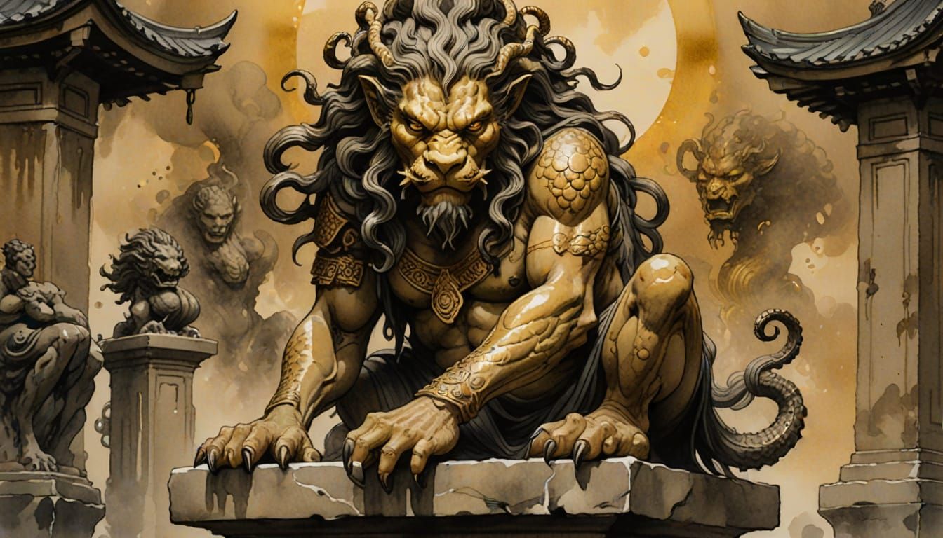 Gorgon on Stone Pedestal in Sumi-e Style