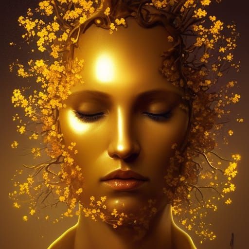 Golden Tree Woman Portrait in Hyperdetailed Style