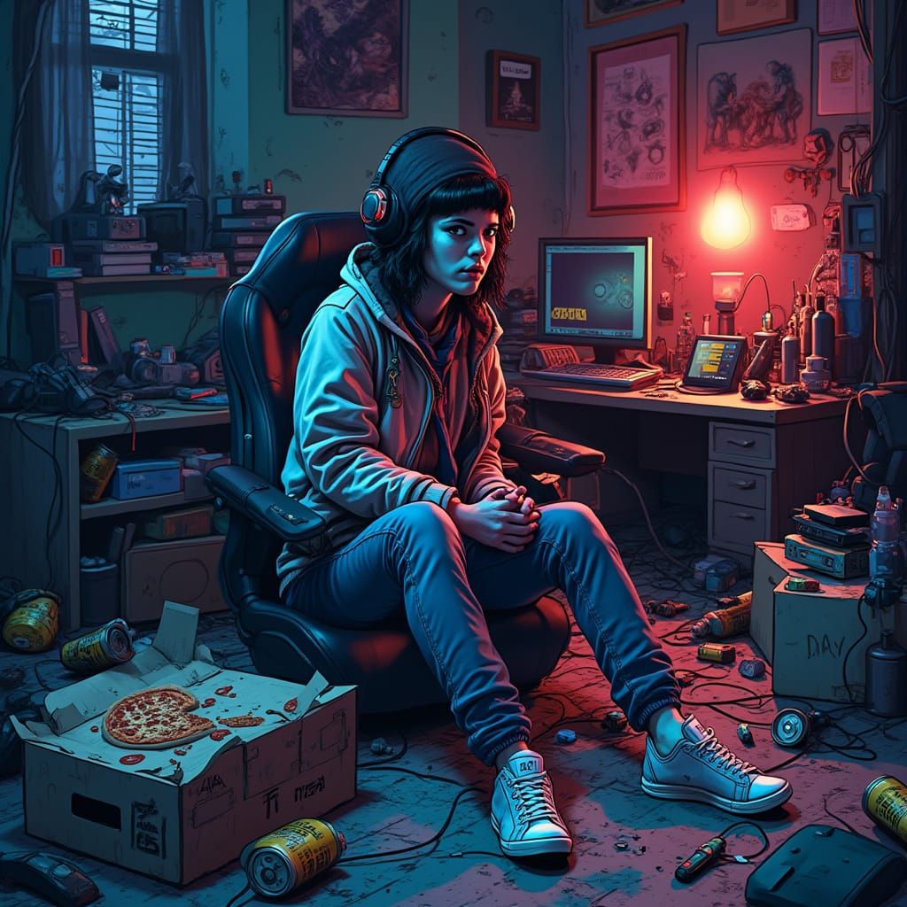 Quirky Gamer Surrounded by Starter Pack Chaos in Neon-Lit Ro...