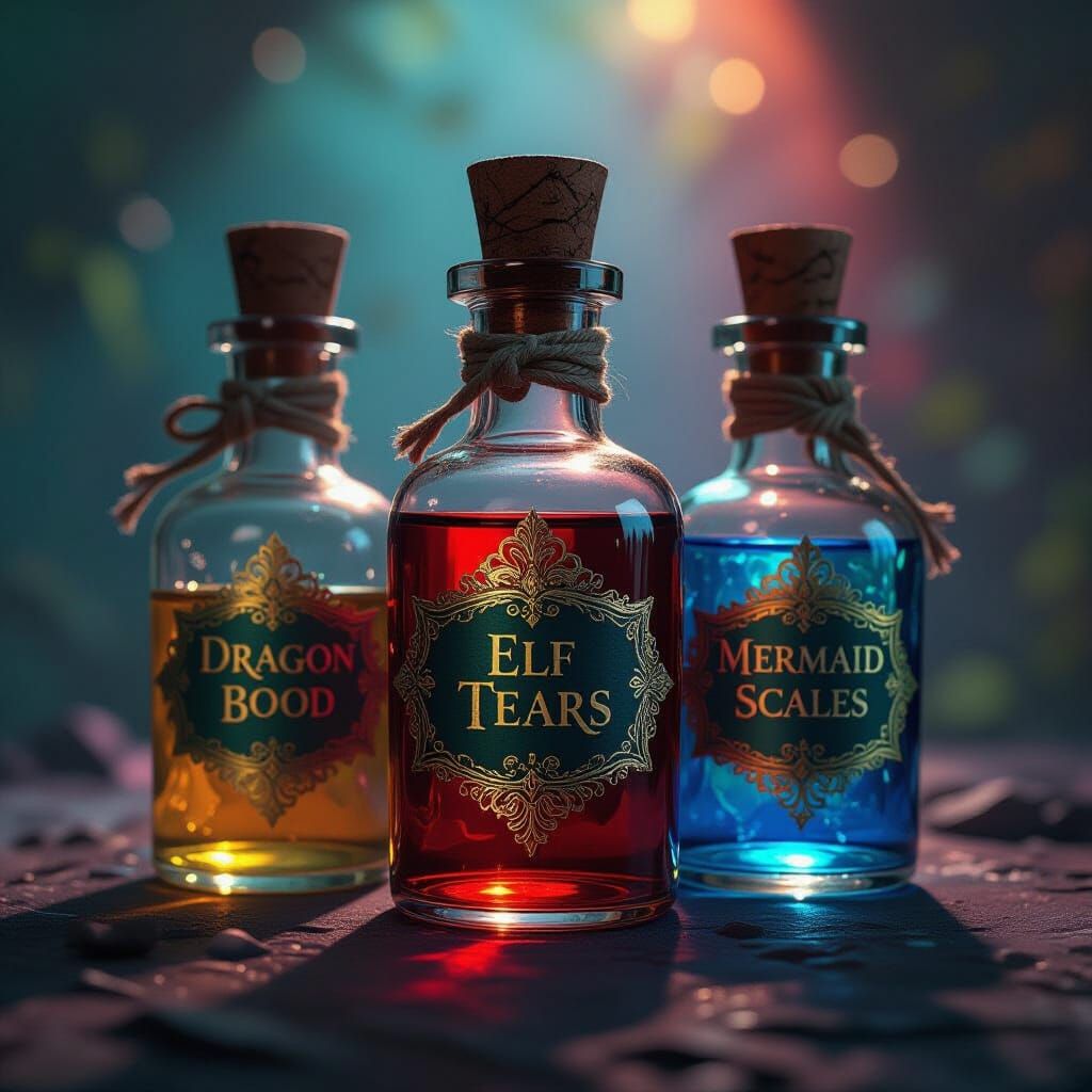 Antique Potion Bottles with Gold Labels in Hyperrealism