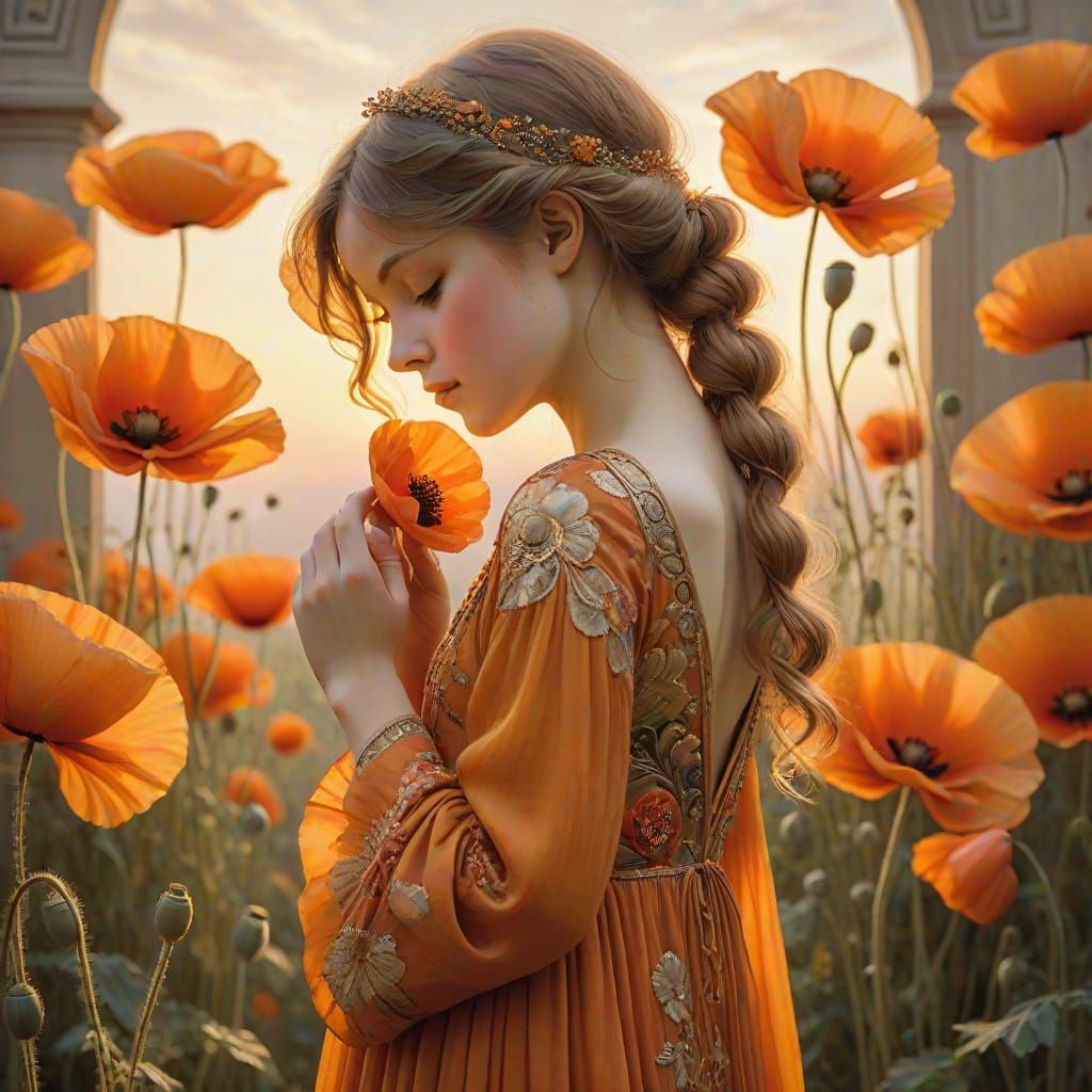 Little Girl Under a Majestic Poppy in Art Nouveau Style