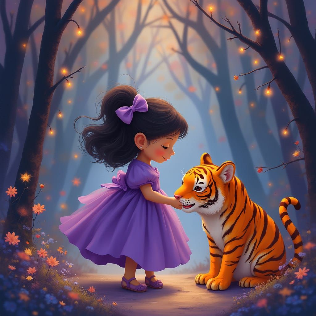 Girl in Purple Dress with Cat and Tiger Friends