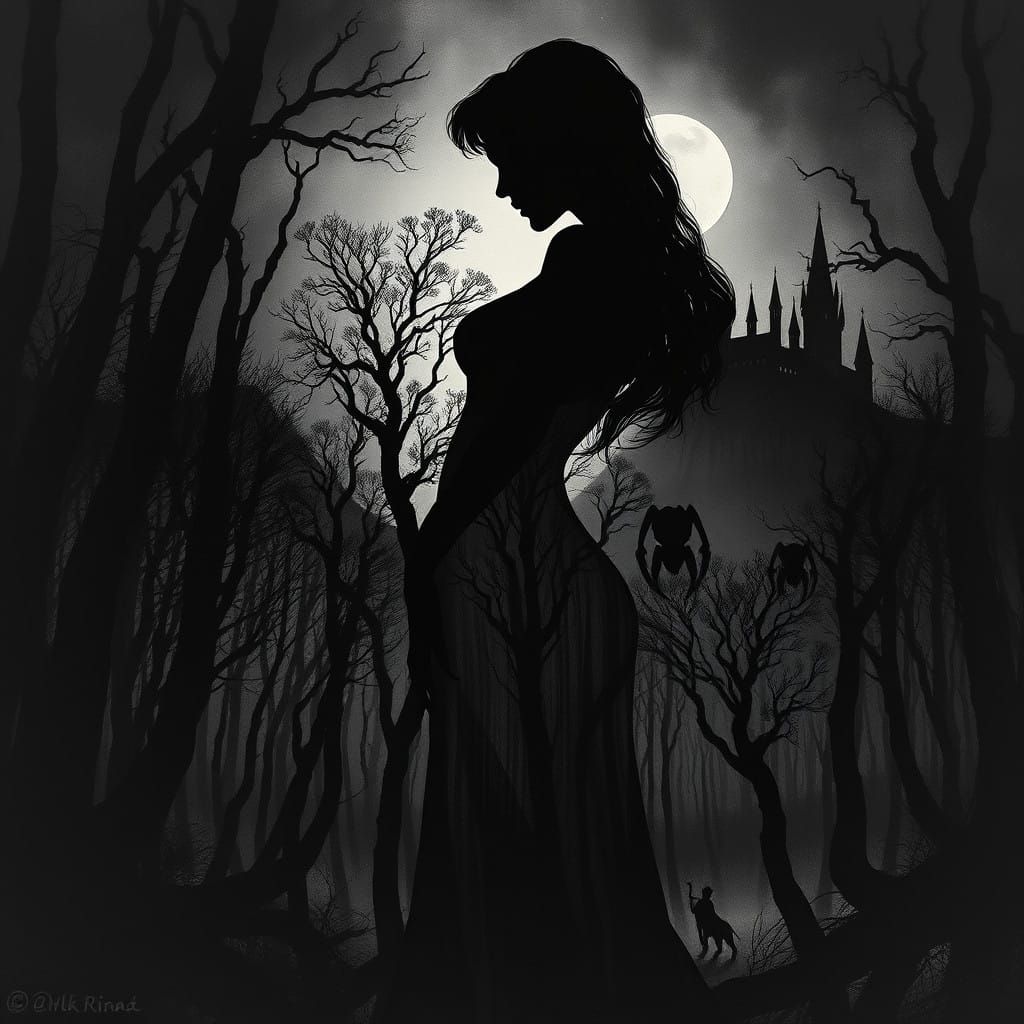 Sensual Vampire Silhouette in Dark Forest Landscape