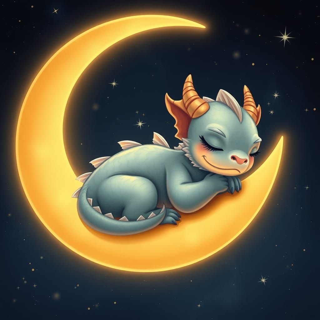 Dreamy Baby Dragon Sleeping on the Moon