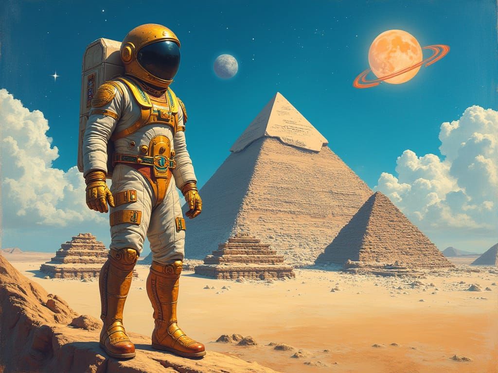 King Tutankhamun as Astronaut in Dreamlike Gouache Painting