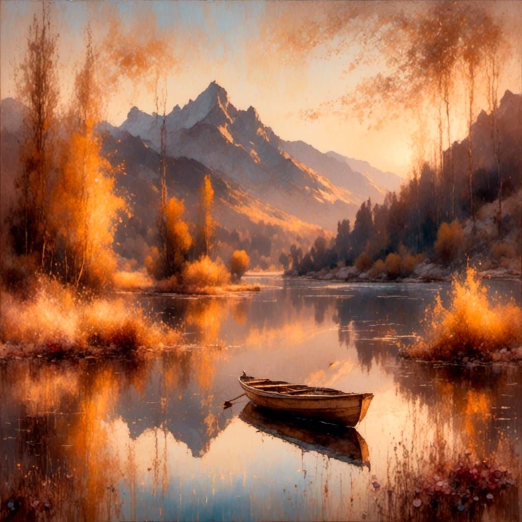 Impressionistic Rowboat at Sunset: A Serene Landscape