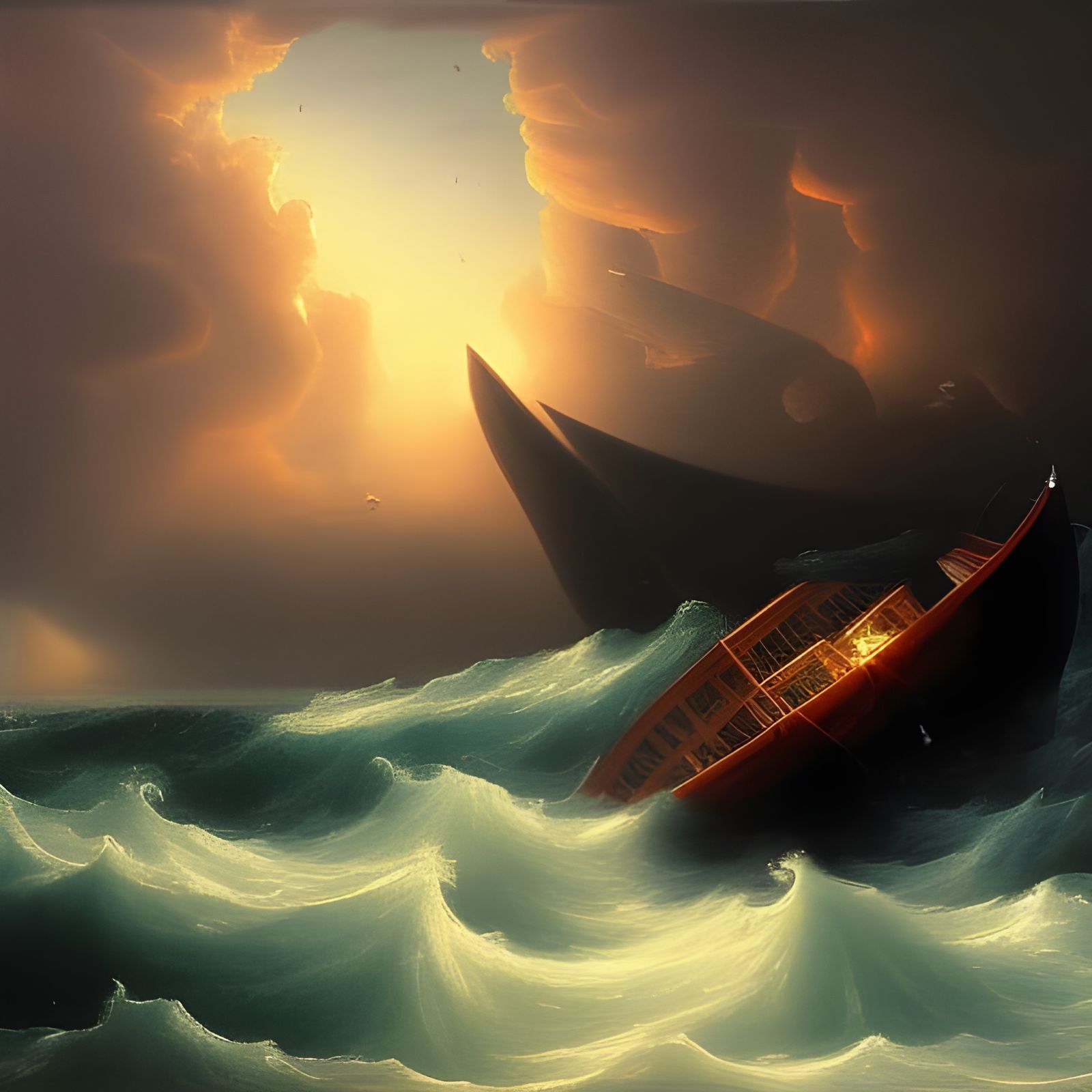 Warship in Stormy Seas: Ethereal Oil Painting