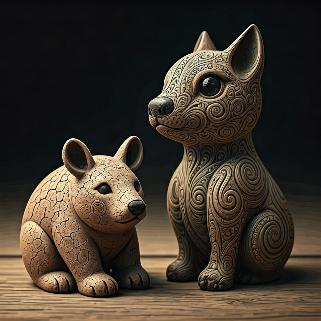 Weathered Clay Creatures Amidst Whimsical Patterns