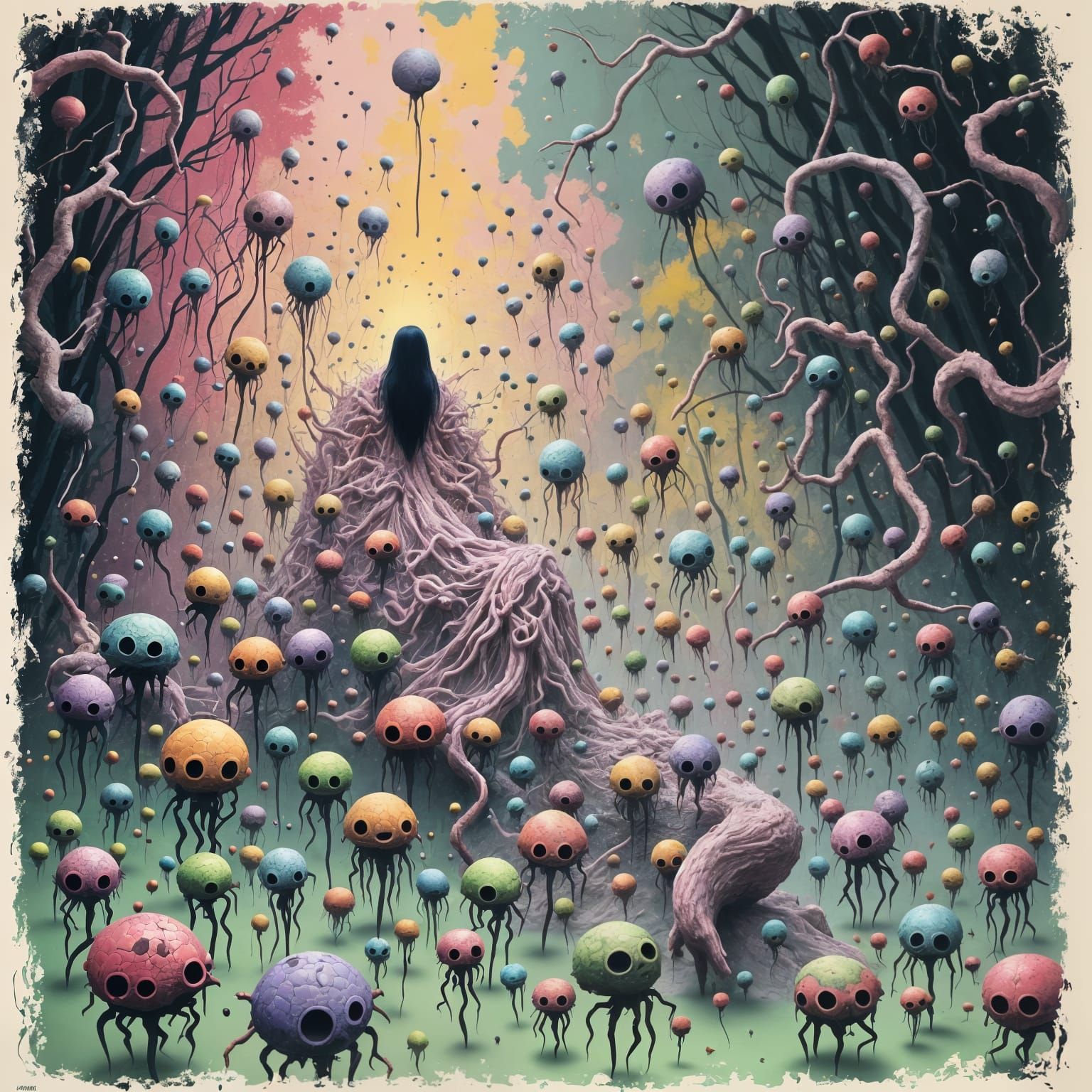 Surreal Horror Scene in Vibrant Soft Pastel Colors