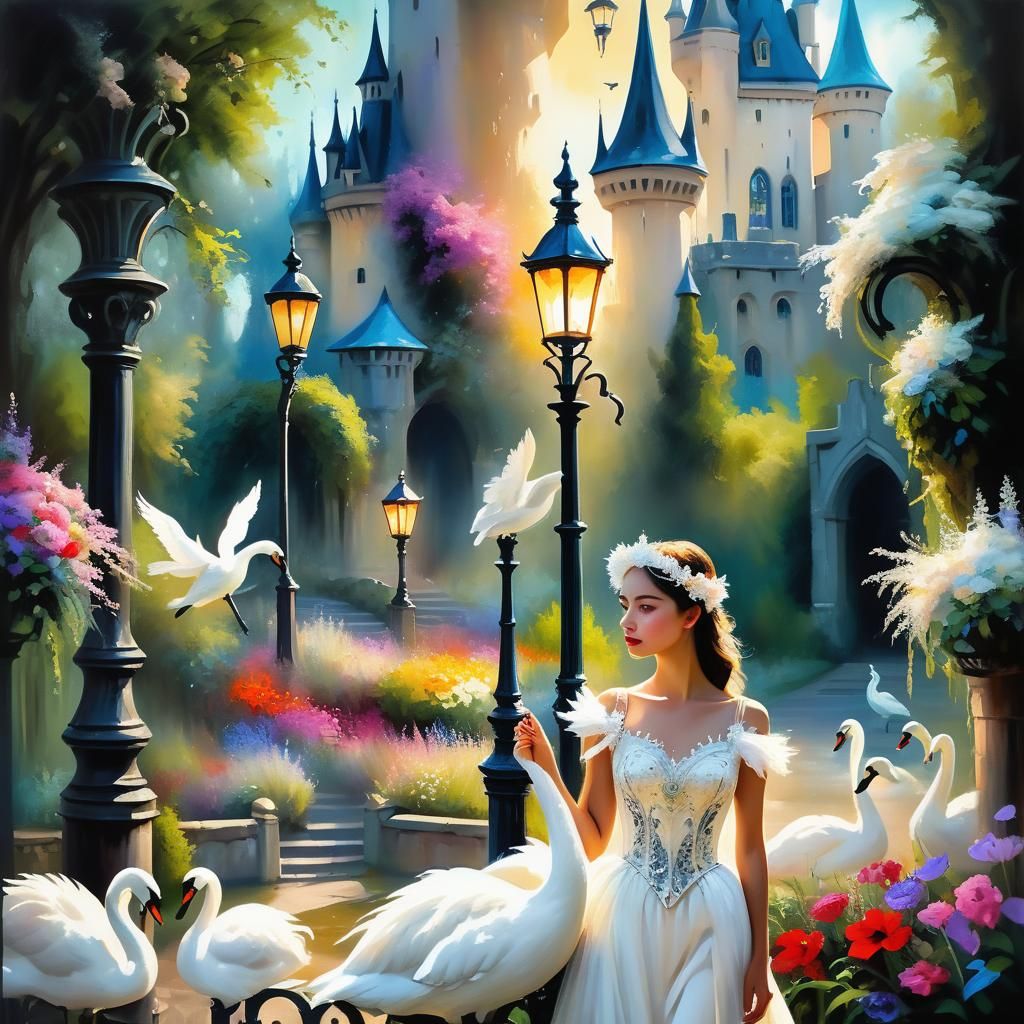 Neo-Impressionist Woman in Swan Dress