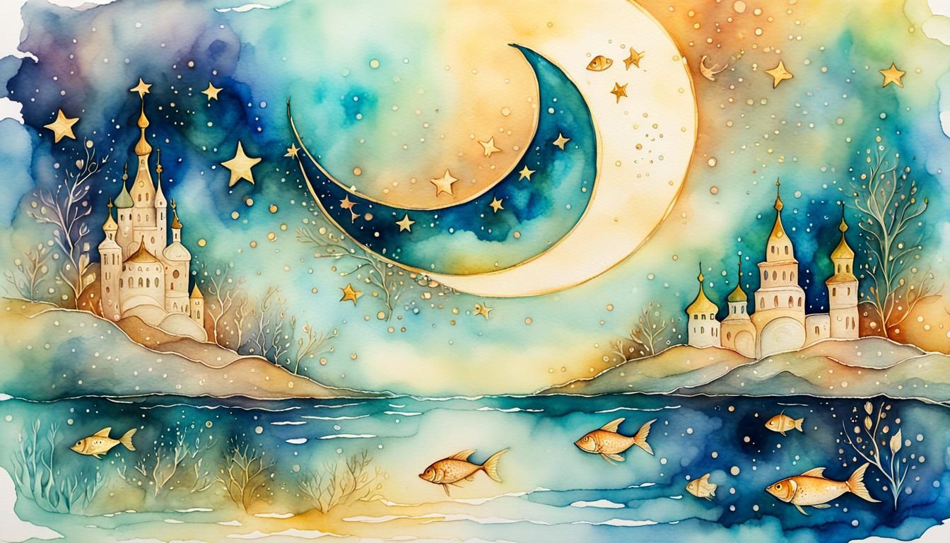 Whimsical Watercolor Painting of a Crescent Moon Surrounded...