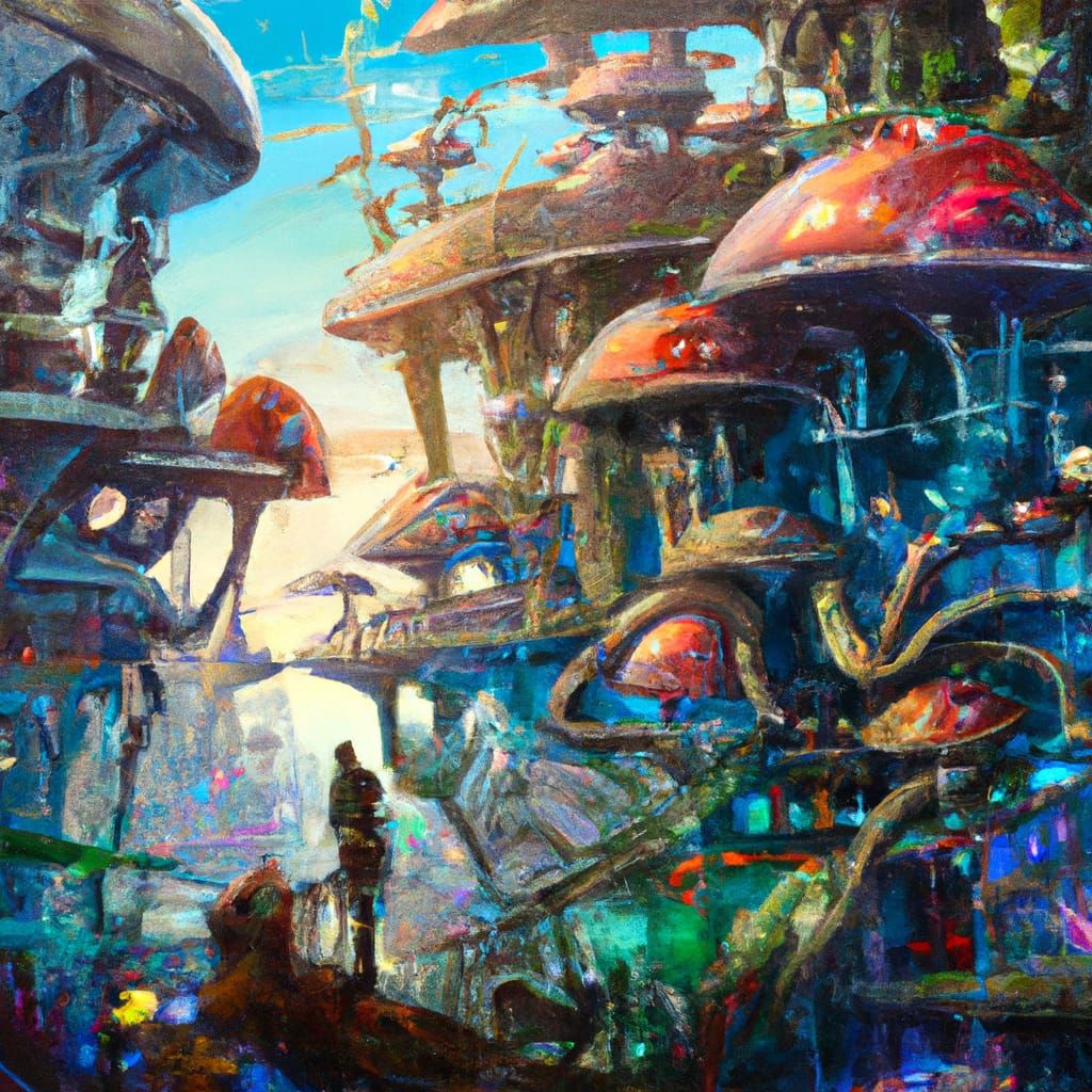 Biomechanical Landscape with Exotic Fungi in Biopunk Style