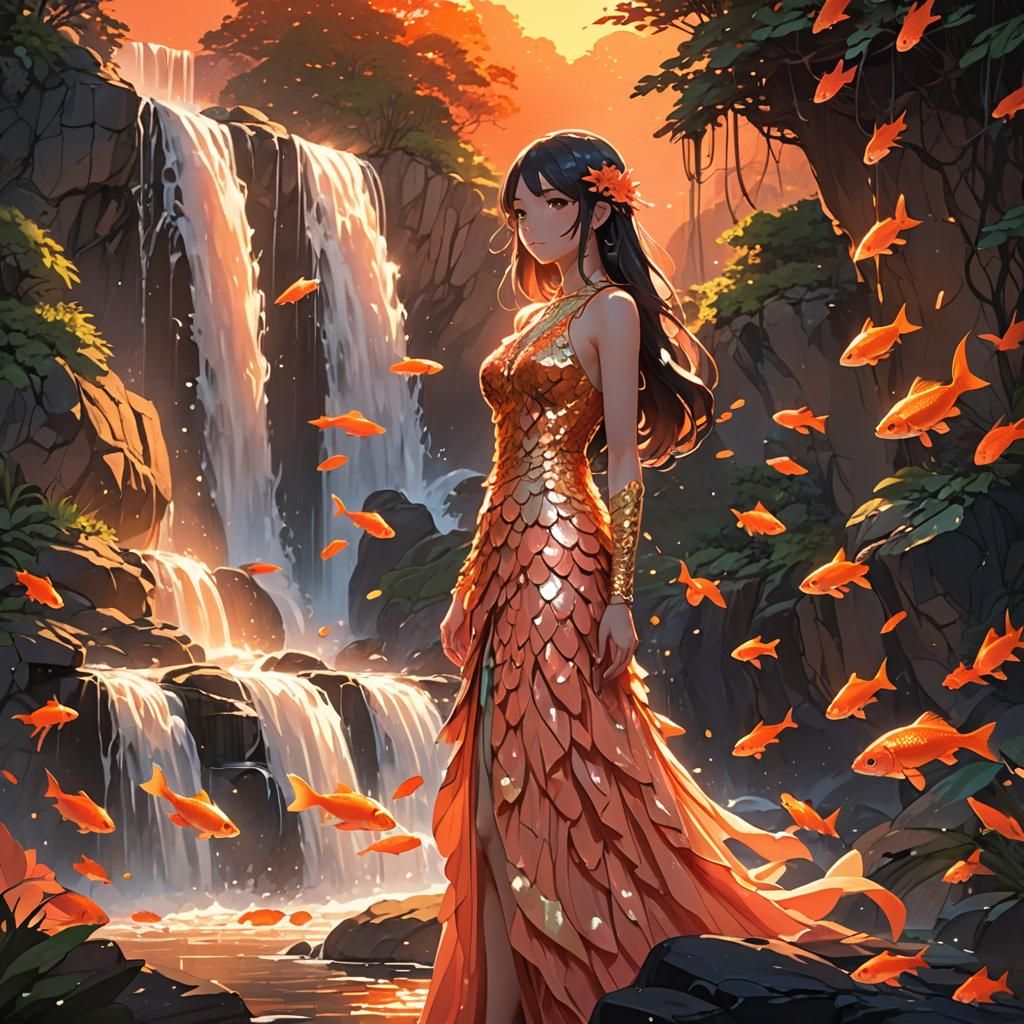 Girl in Coral Gown by Waterfall, Anime Style