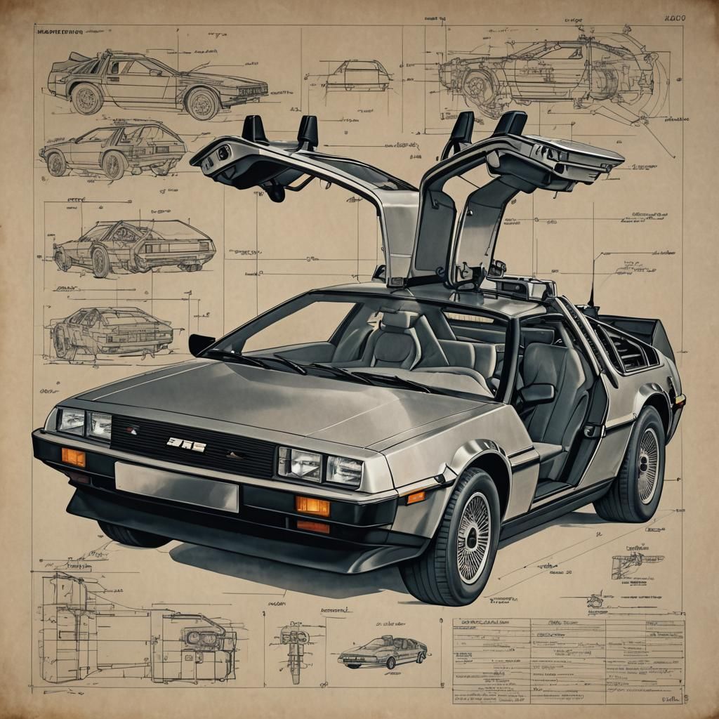 DeLorean Car Blueprint in Pencil Drawing Style