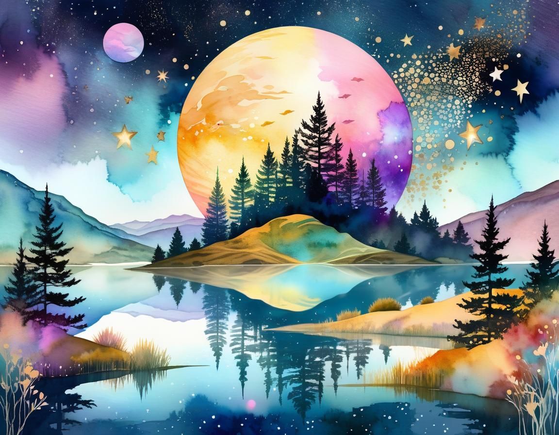 Goddess Laka in Enchanted Watercolor Landscape