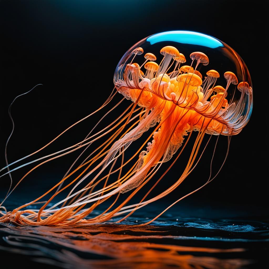 Transparent Majestic Blown Glass Orange jellyfish floating in dark water