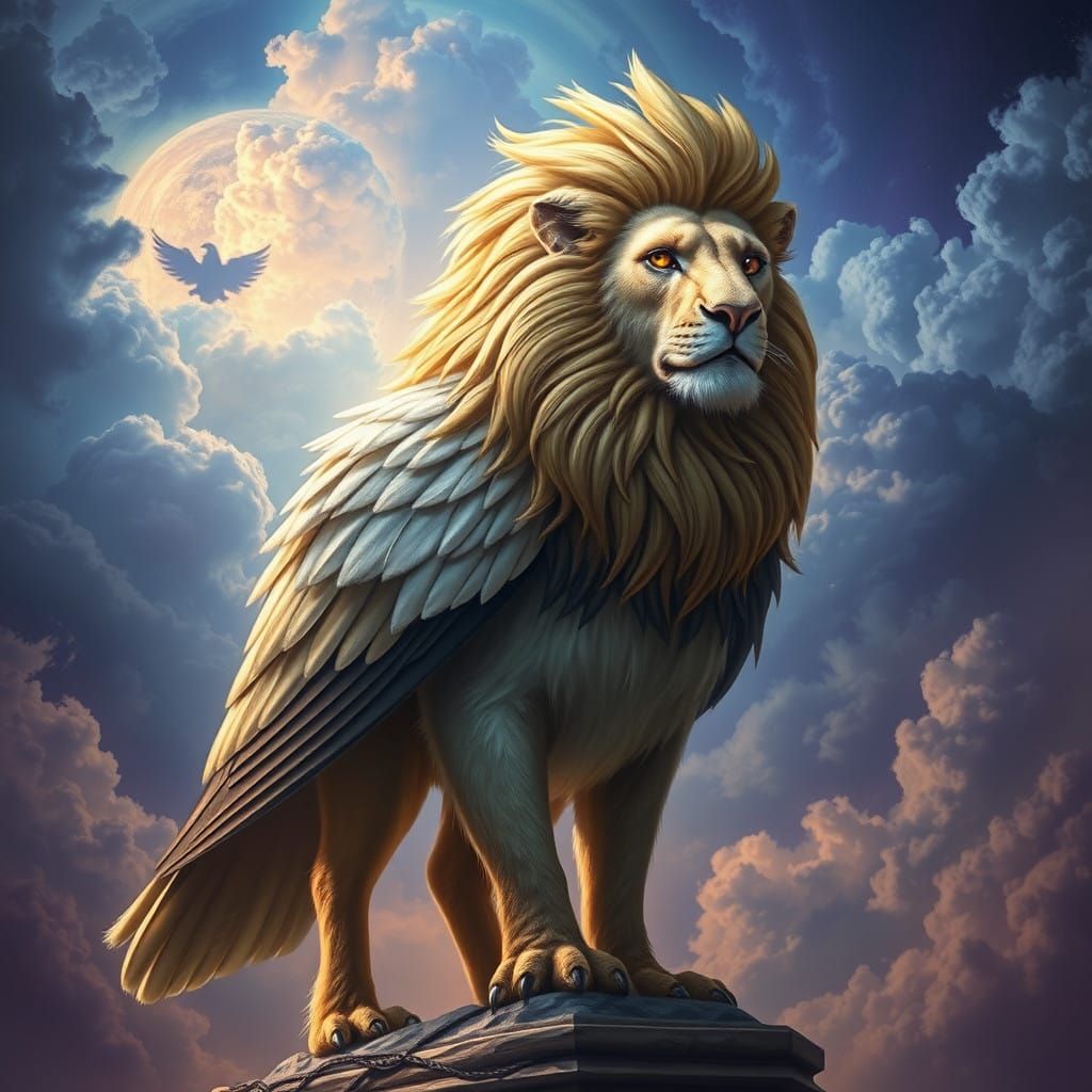 Regal Lion Pigeon Hybrid Stands Proud Against Mystical Backg...