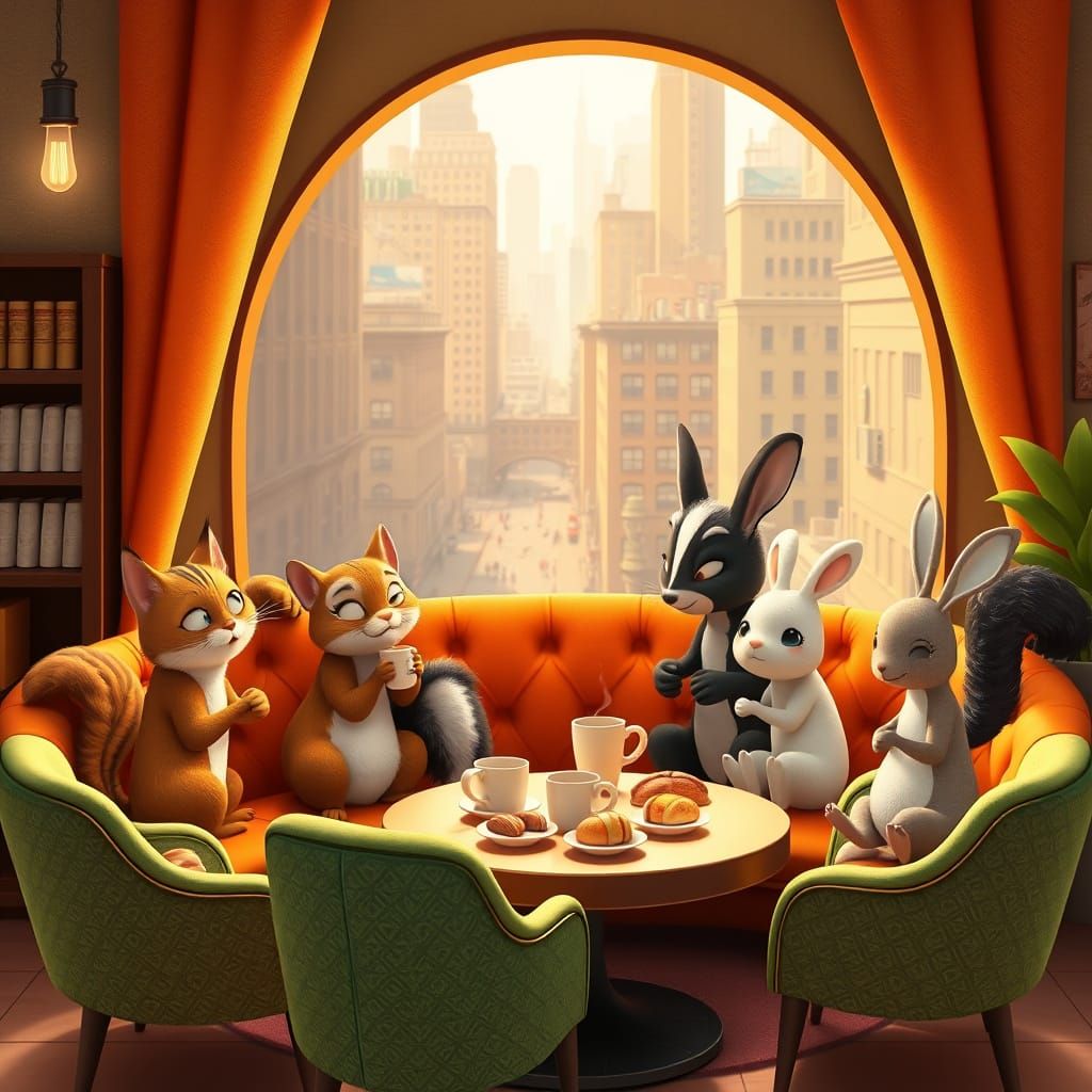 Cartoon Animals Enjoying Coffee in New York City