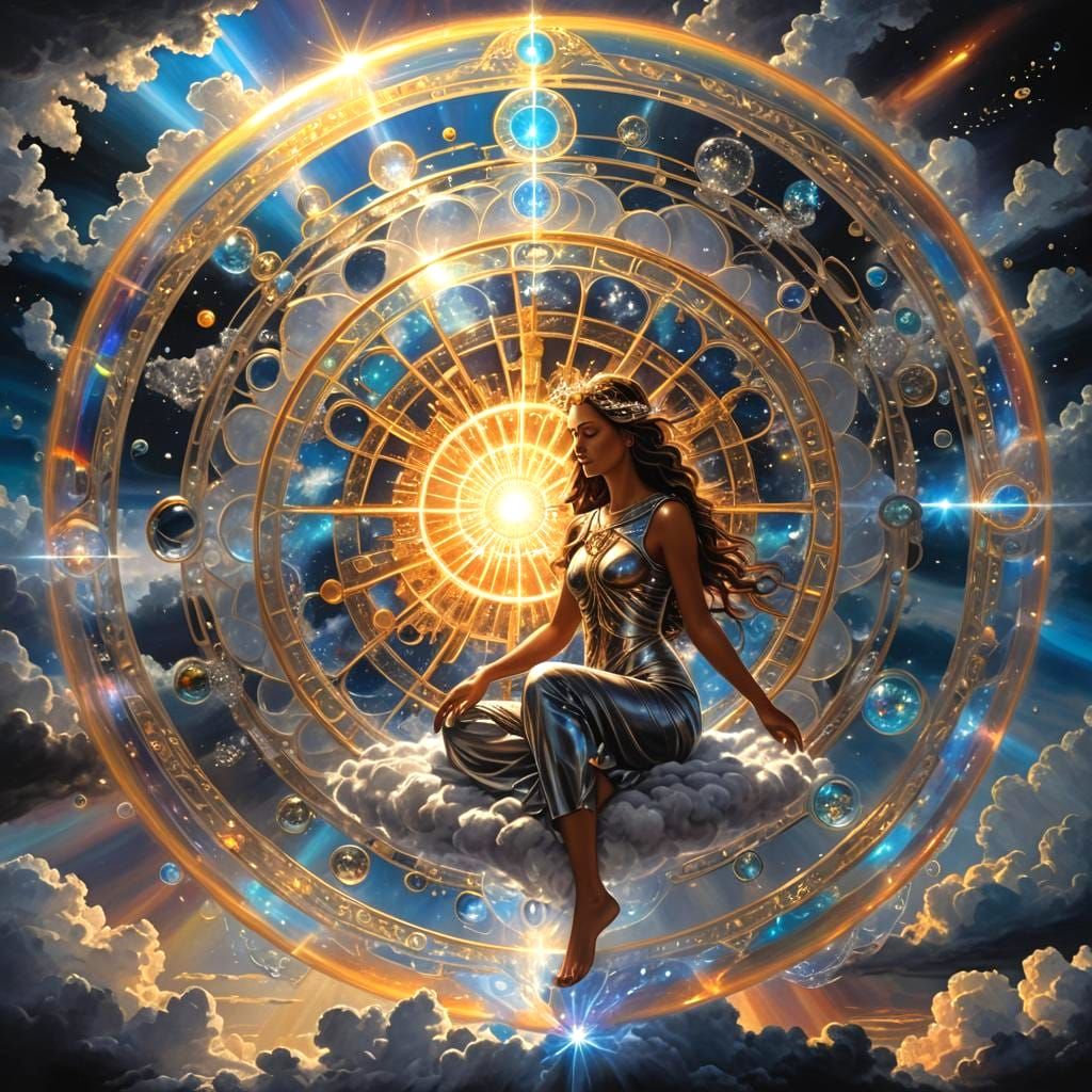 Opalescent Figure Lounging on Cloud with Magical Elements