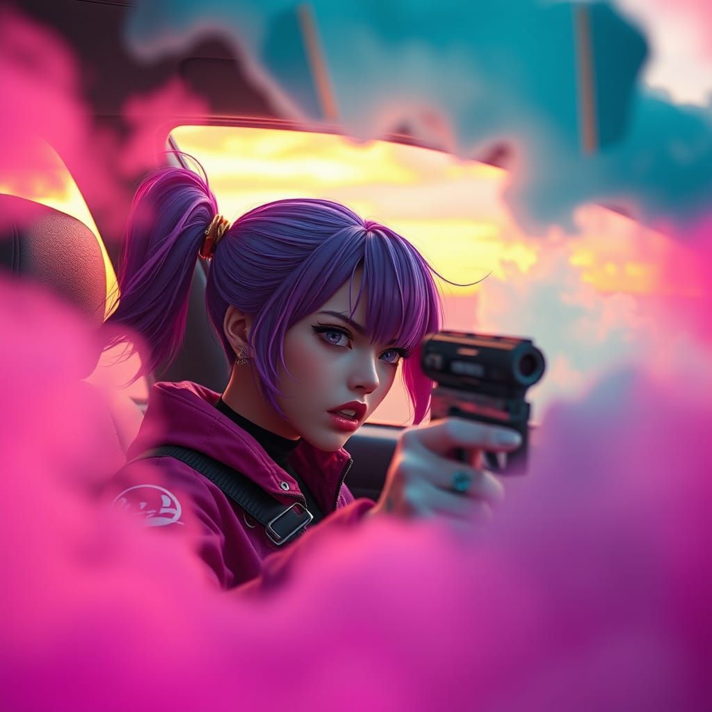 Fierce Cosplayer Drives Through Pastel Cyberpunk Desert