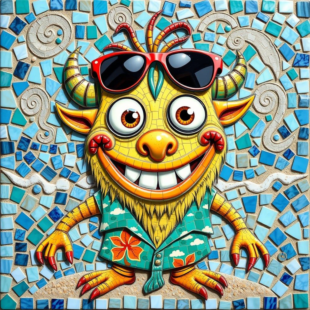 Friendly Beach Monster in Whimsical Mosaic Art