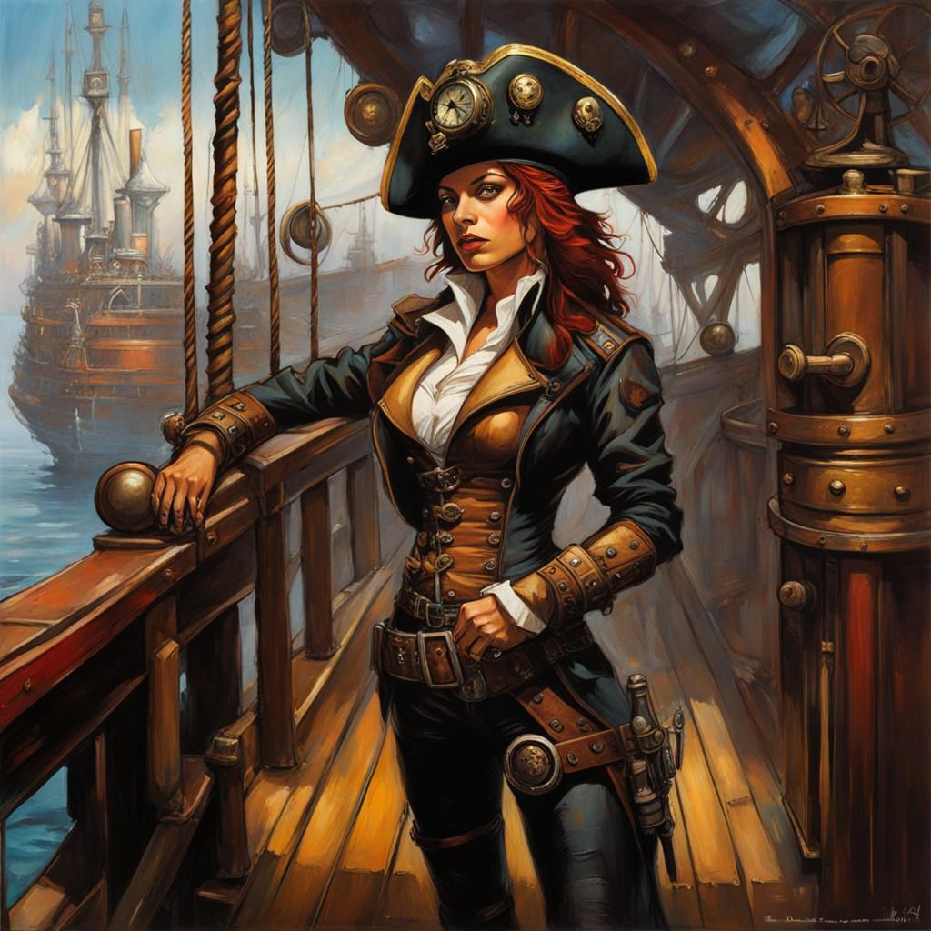 Steampunk Pirate Captain on Ship, Oil Painting