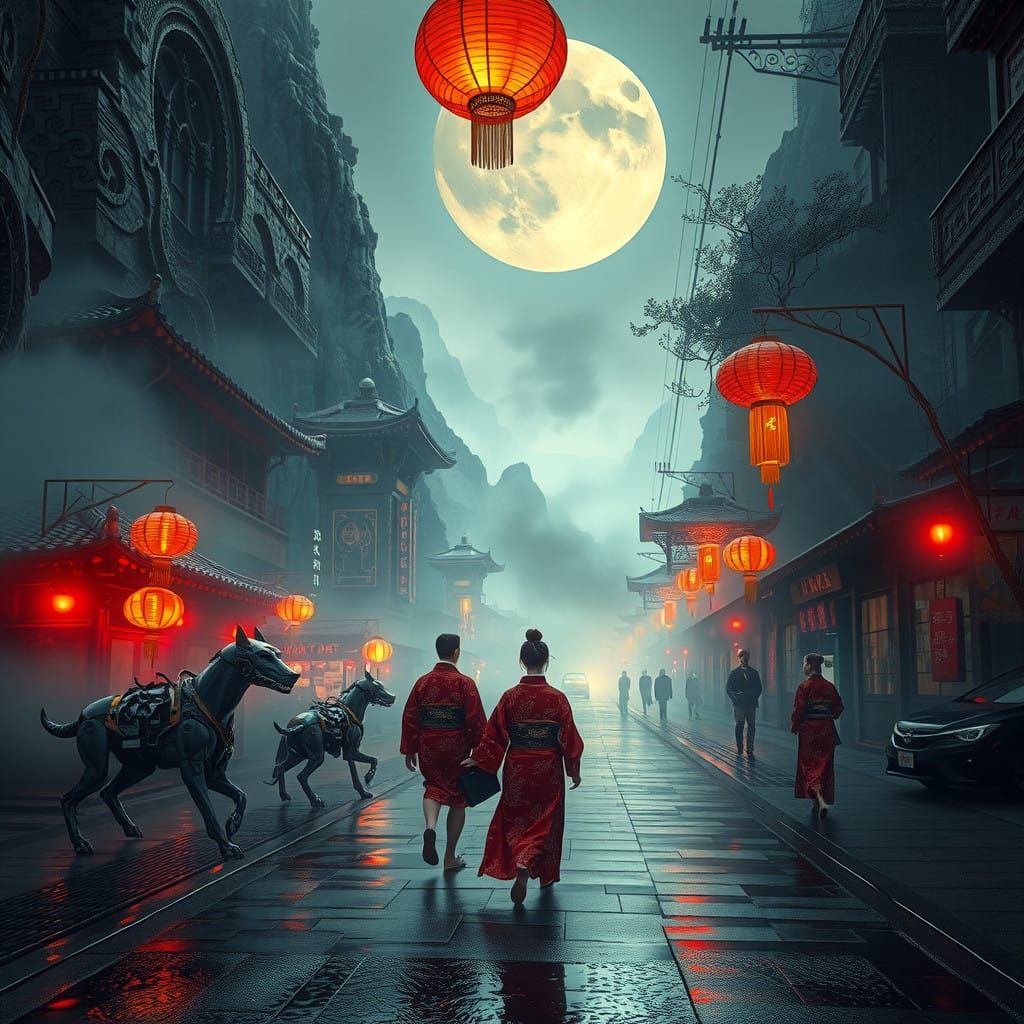 Moonlit Street in Hidden City Among Mountains and Cliffs wit...