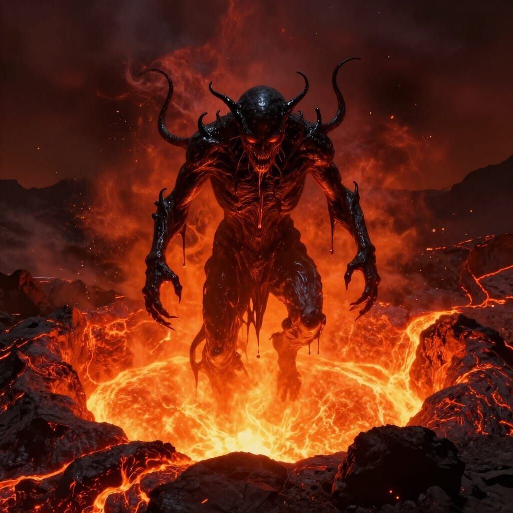 Dark Slime Creature Plummets Into Fiery Volcano