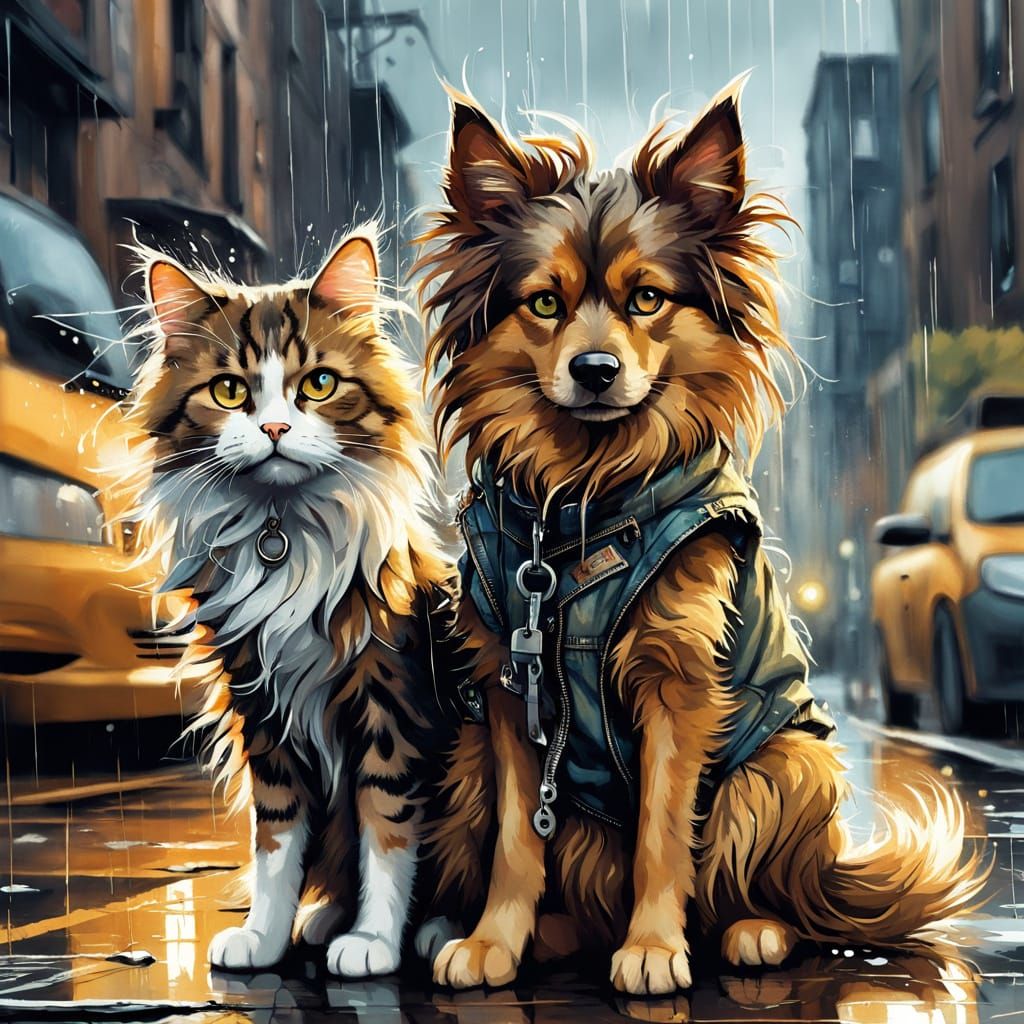 Sad, Adorable Dog and Cat Friendship in Oil Painting