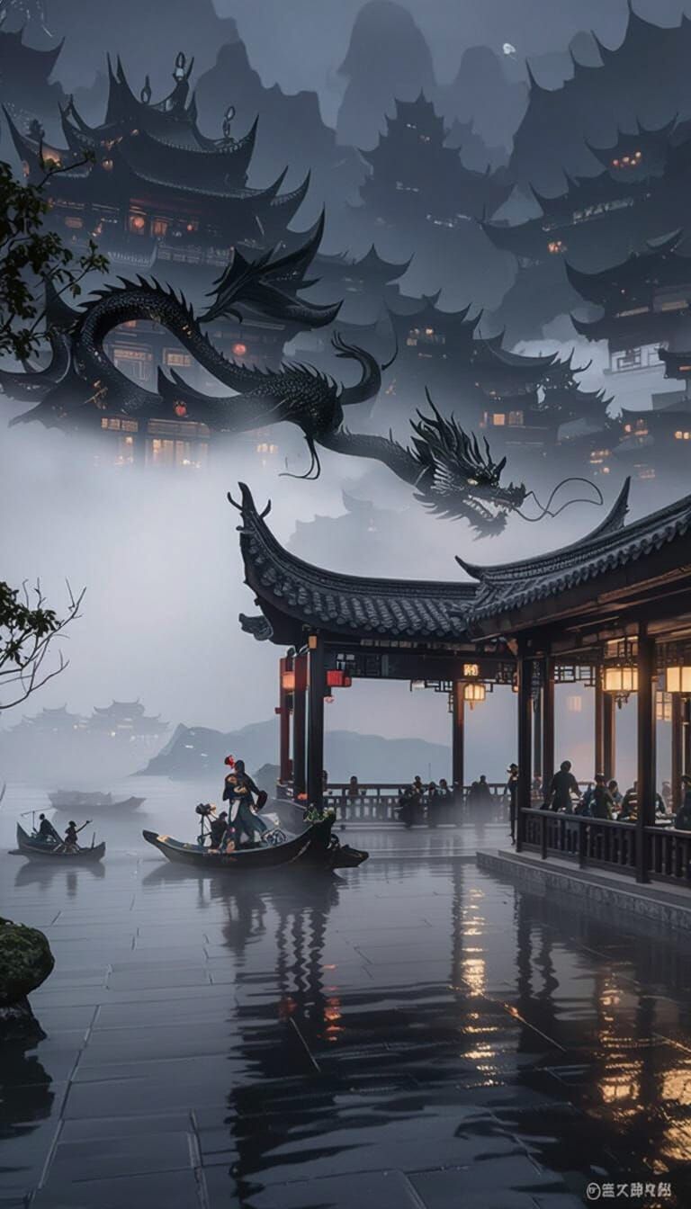 Wuxia Cityscape with Black Dragon