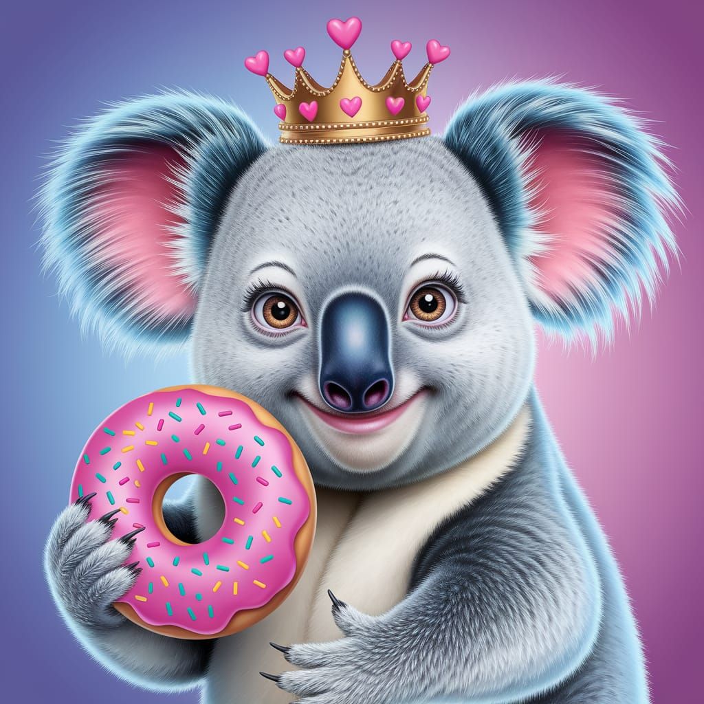 Charming Koala in Golden Crown and Pink Donut Regalia