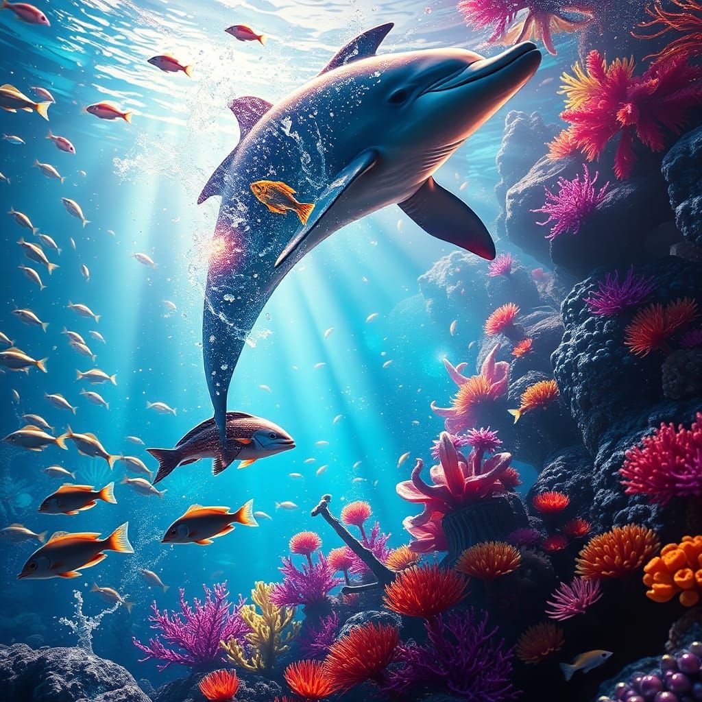 Highly detailed and magical ocean floor full of beautiful holographic exotic fish and holographic coral reef. A dazzling...