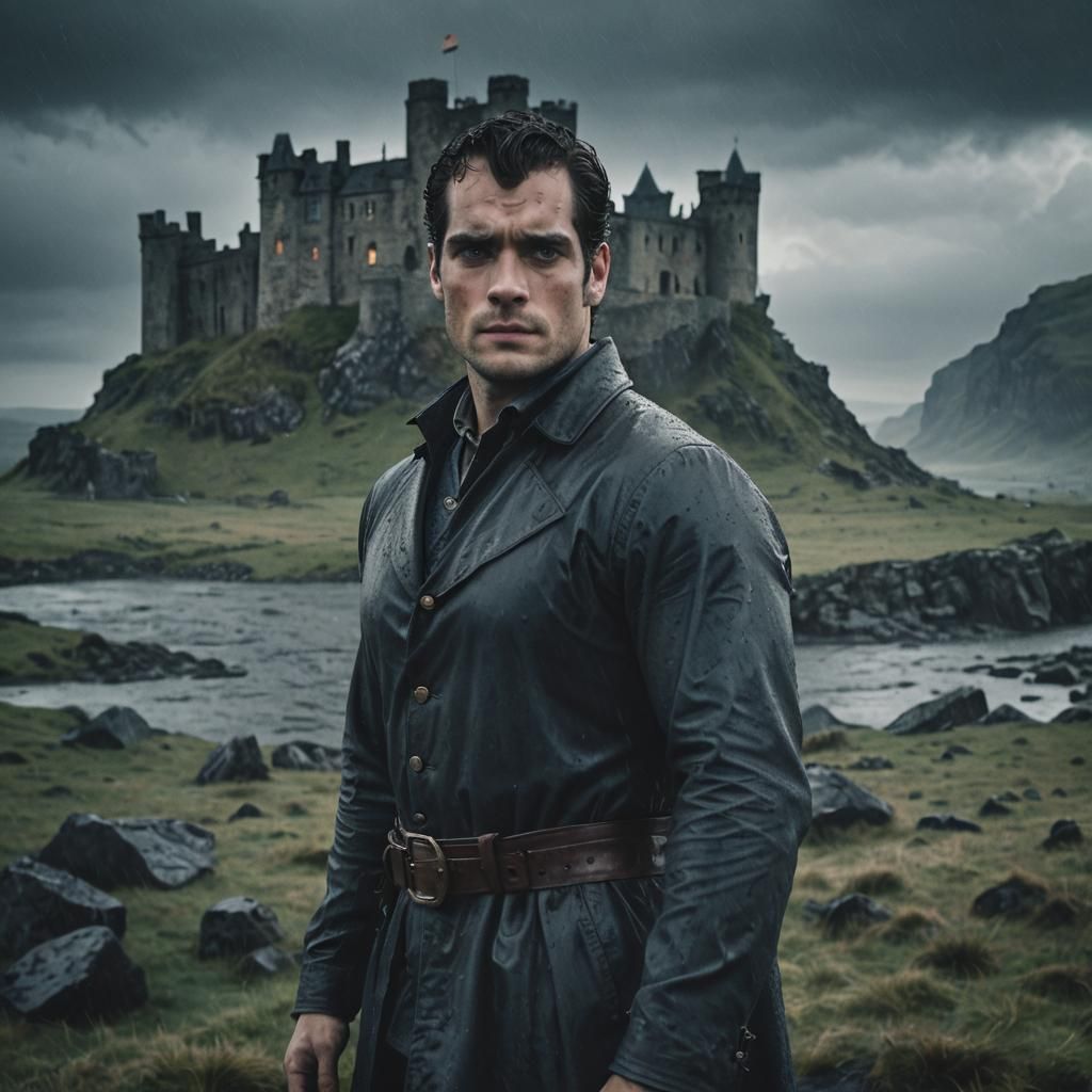 Henry Cavill in Stormy Landscape, Cinematic Still