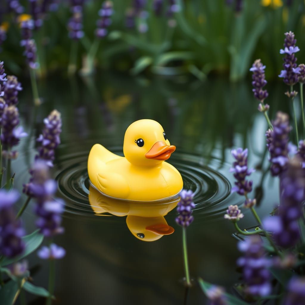 Cute Rubber Duck in Lavender Pond