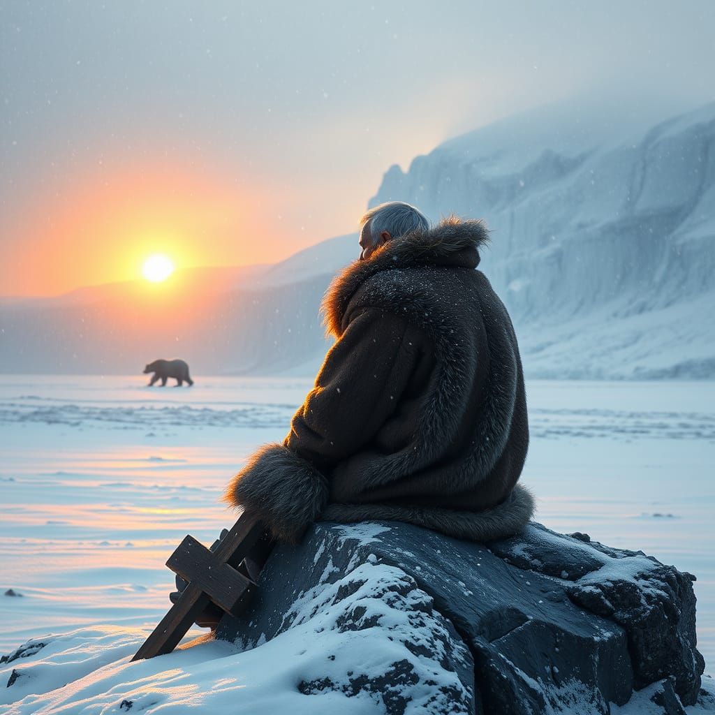 Glacier Contemplation: Old Man and Distant Polar Bear