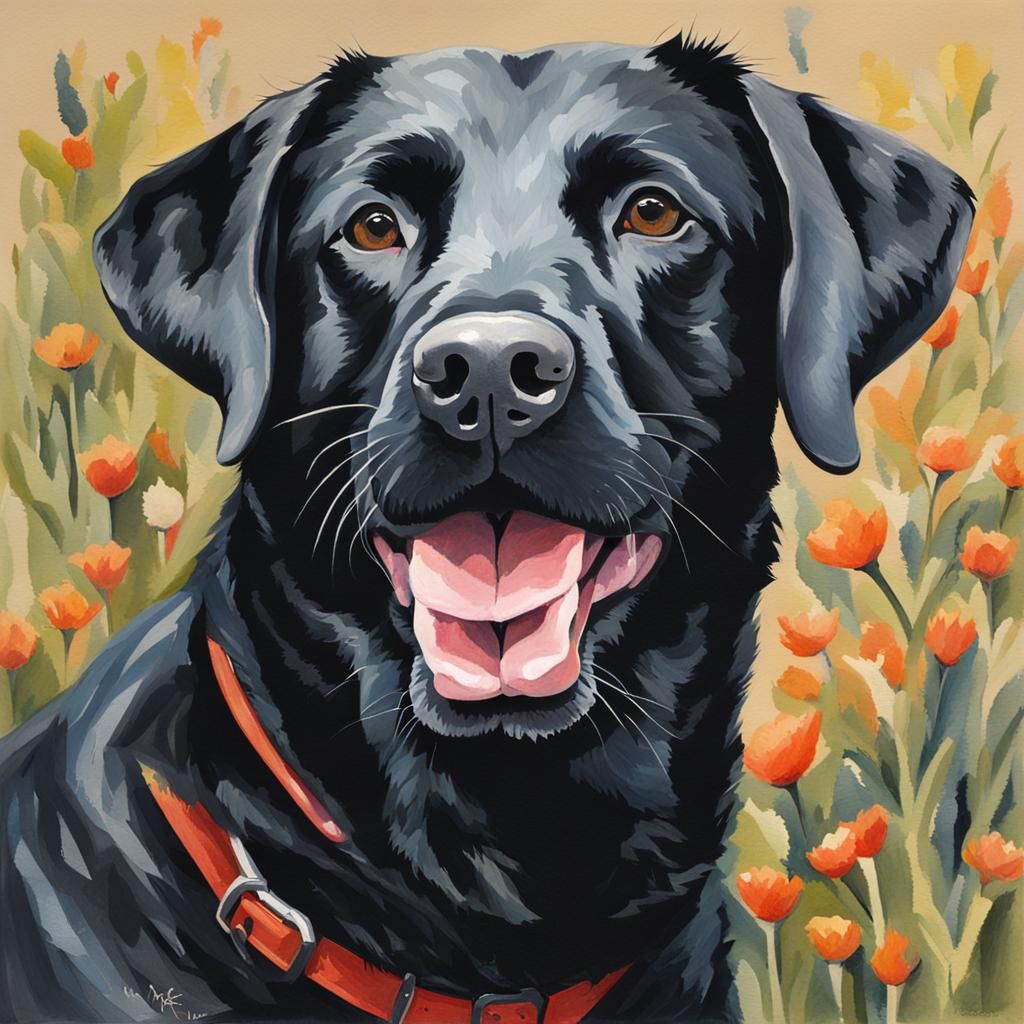 Happy Black Labrador Retriever in Gouache Style