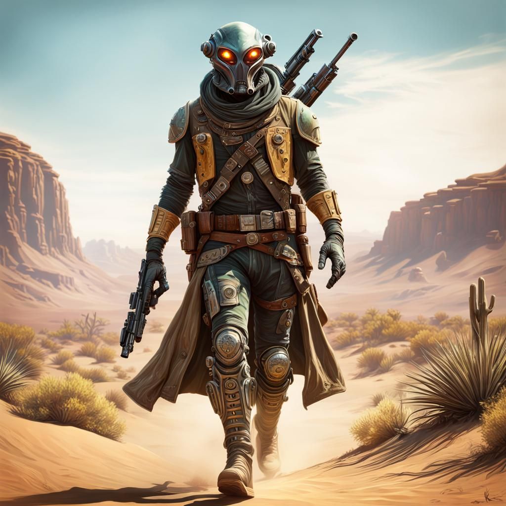 Dieselpunk Alien Bounty Hunter on Desert Trail