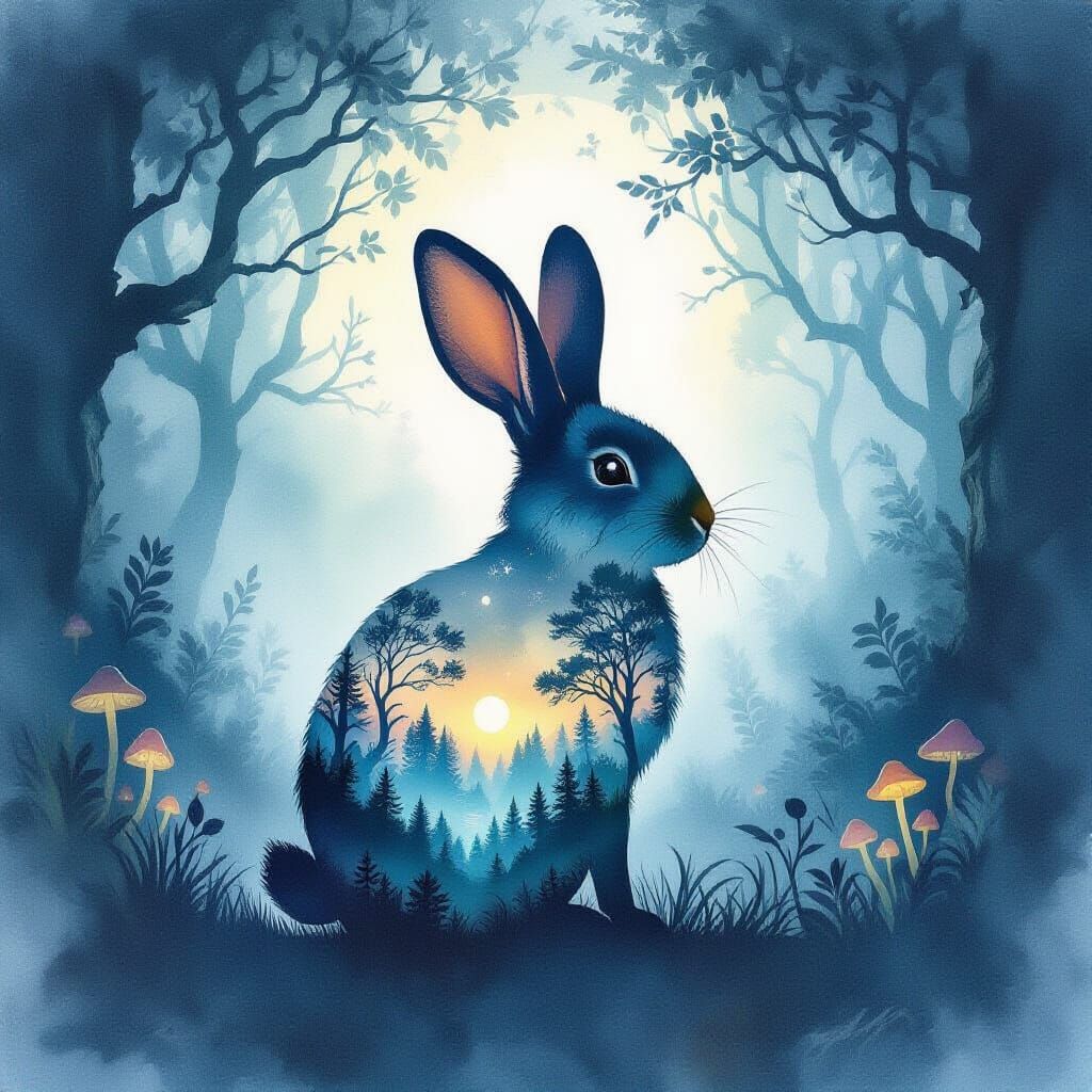 Enchanting Watercolor Rabbit Silhouette with Mystical Forest