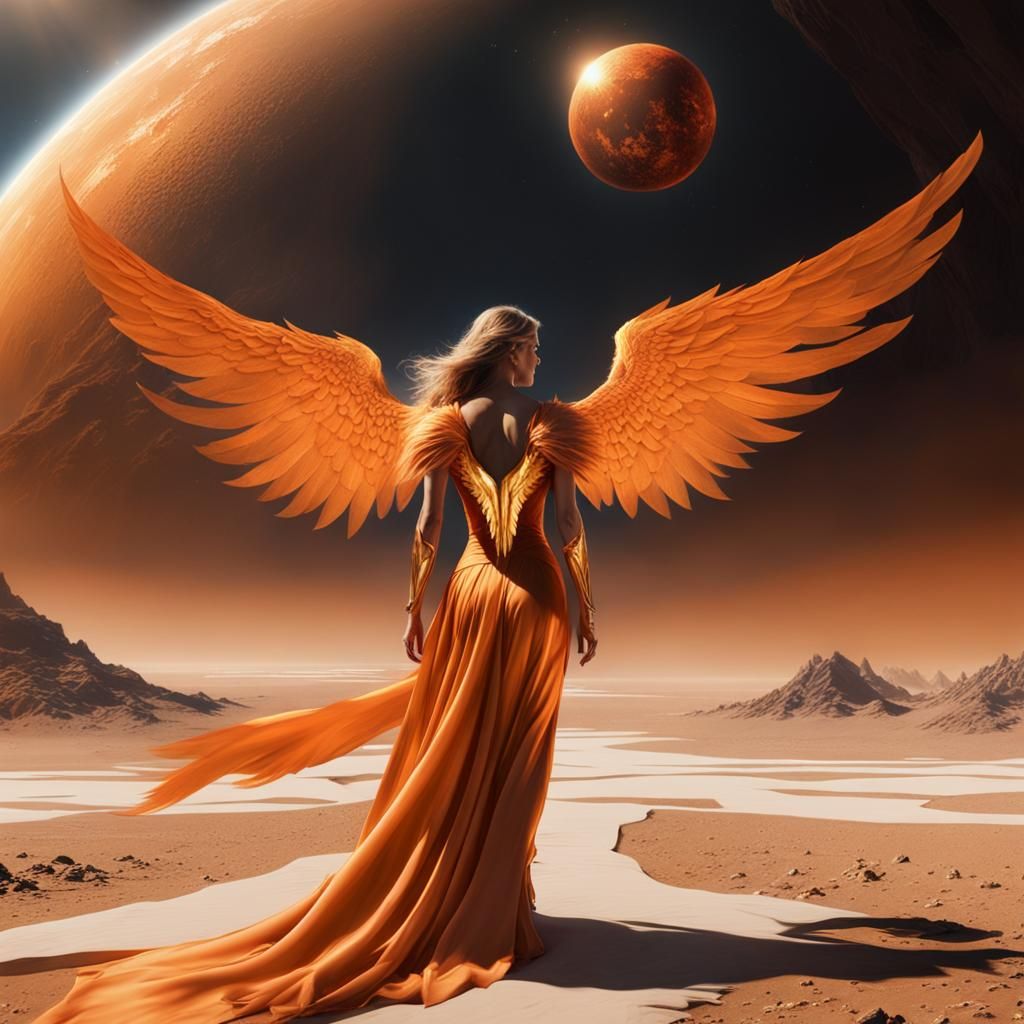 Woman with Angel Wings on Planet Sun