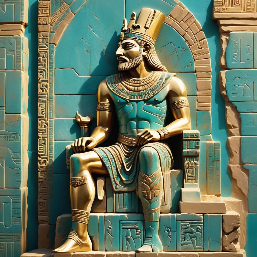 Sumerian King on Ziggurat Throne in Stone Relief