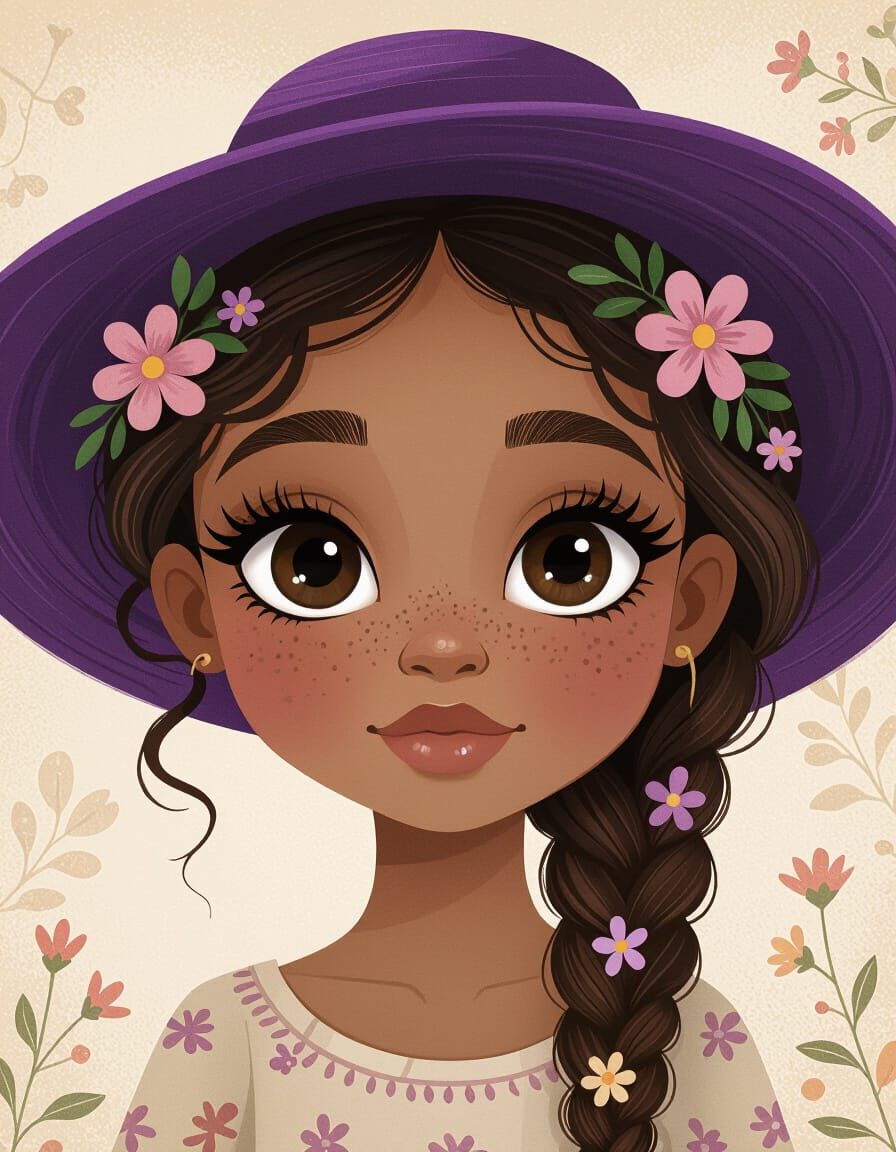 Stylized African American Girl with Floral Braid