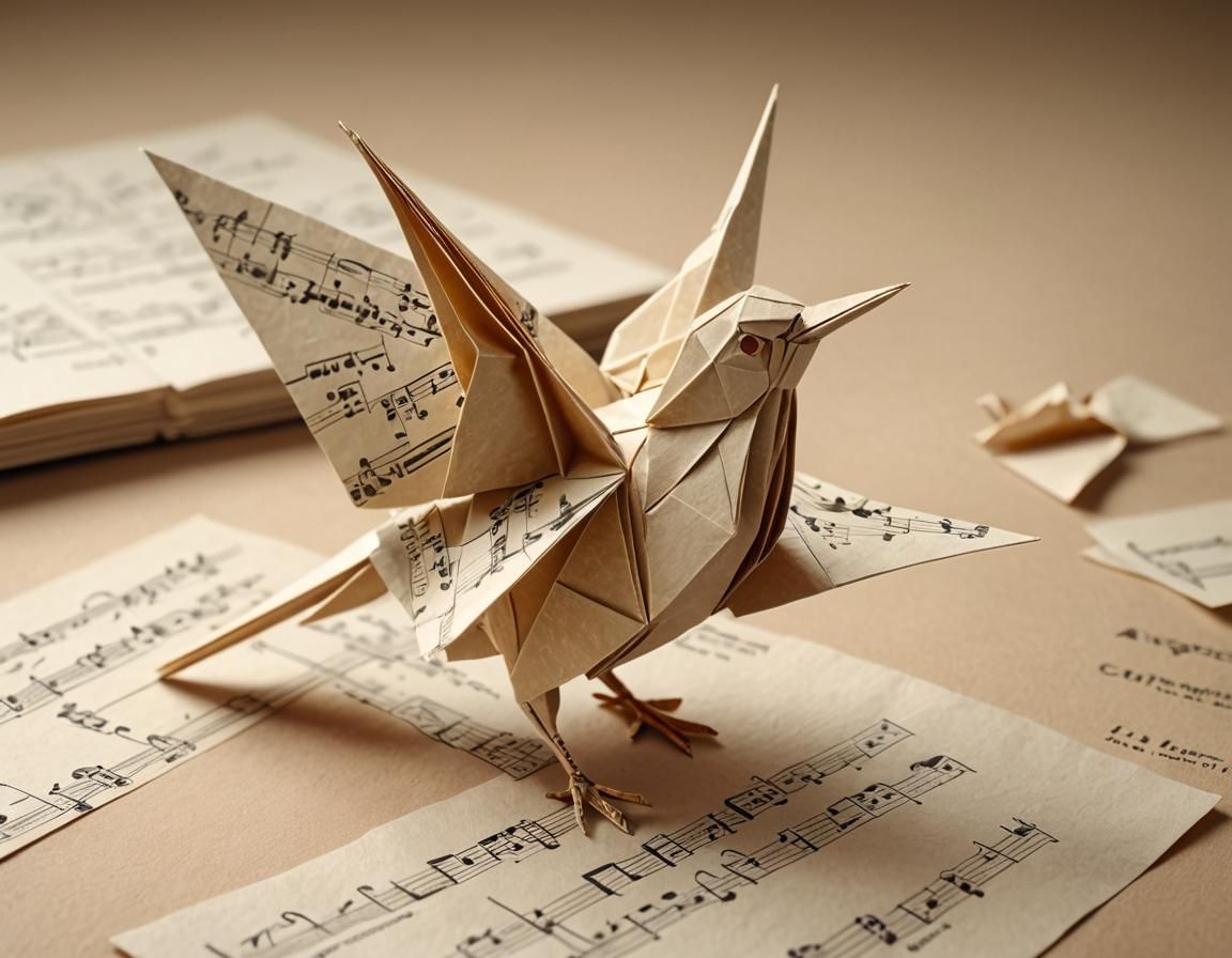 Delicate Origami Bird Unfolding from Paper Music Sheet